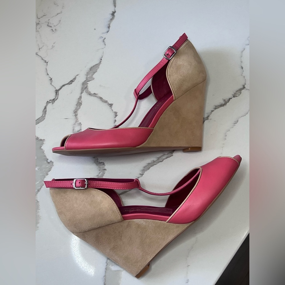 Shoes of Prey Pink Leather Wedge Sandals Sz 9.5 Suede Peep Toe Never Worn
